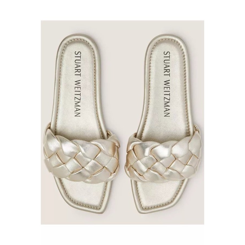 Stuart Weitzman Braided Metallic Gold Flat Slide Sandals Square Toe Size 6